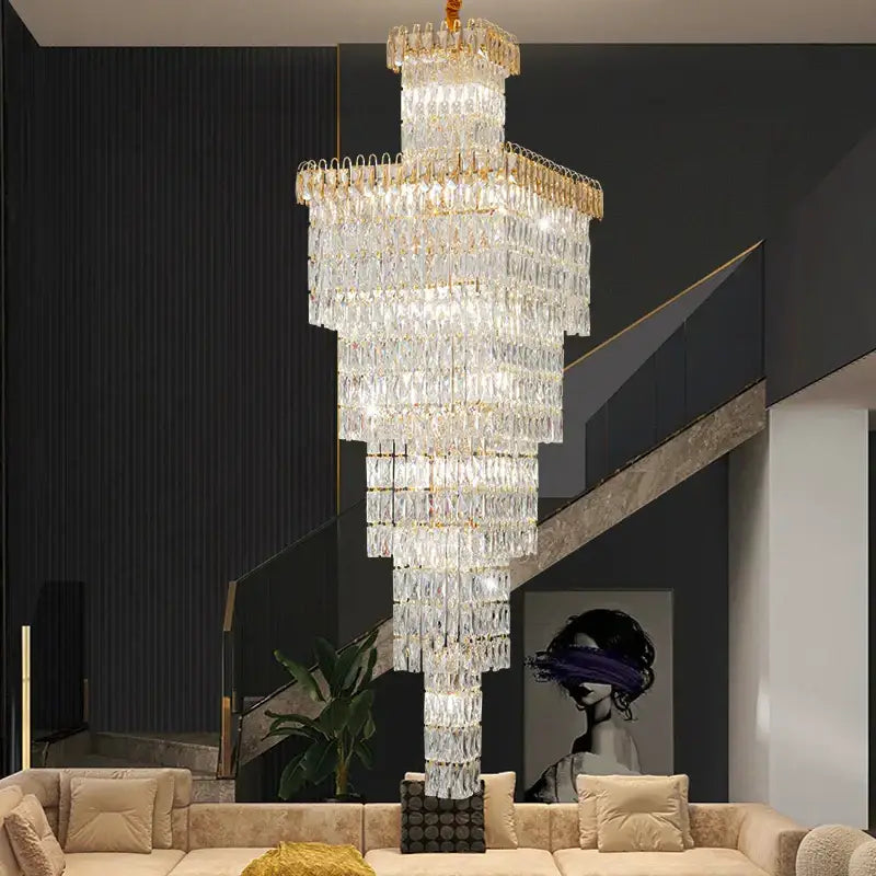 Modern gold crystal hollow stair chandelier staircase light