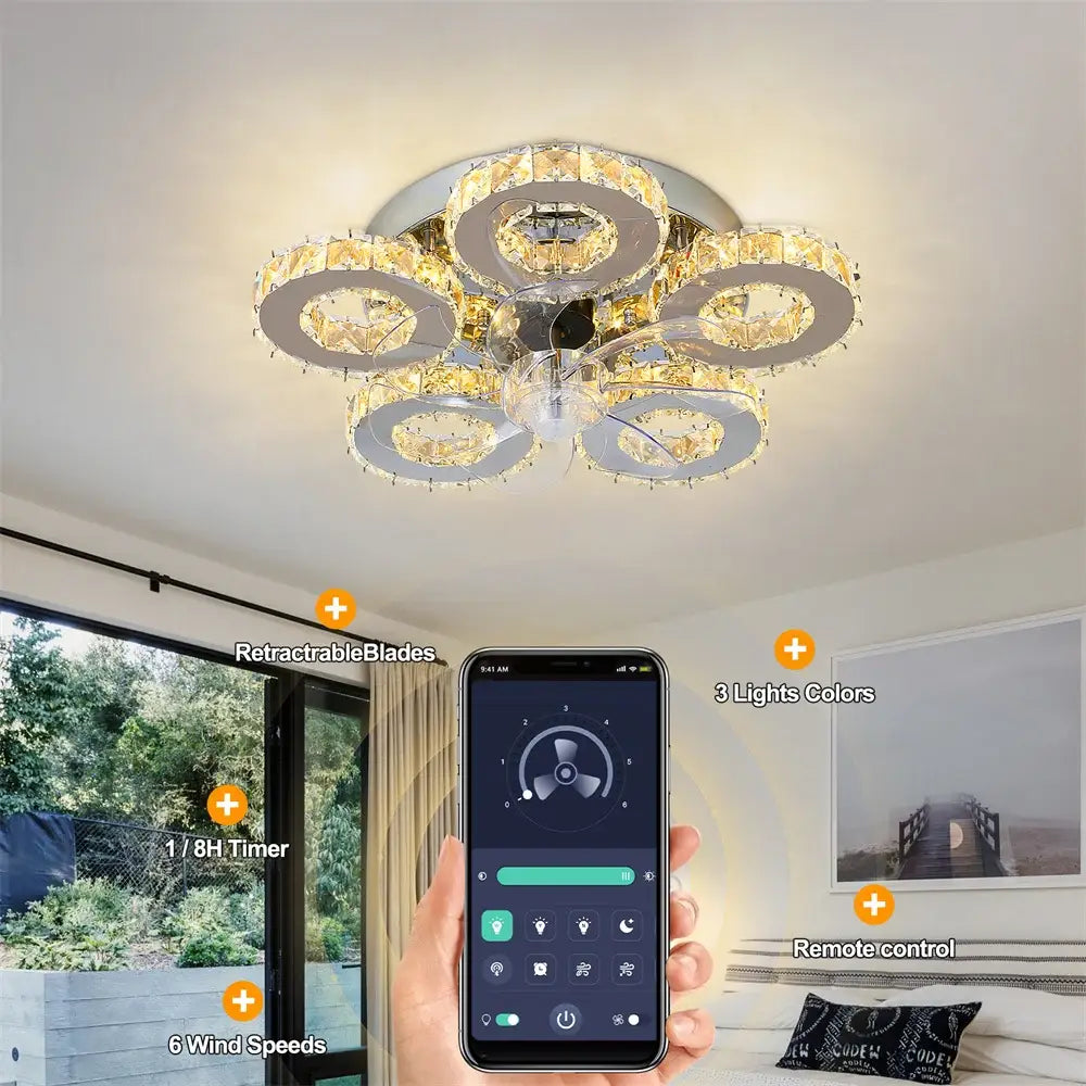 Modern gold crystal led ceiling fan for living room