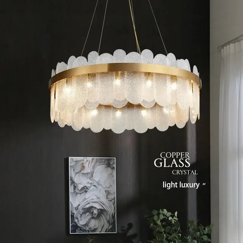 Modern gold crystal led chandelier living room frosted glass petals