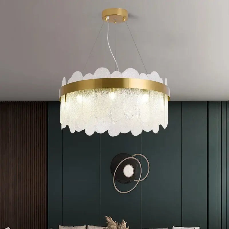 Modern gold crystal led chandelier living room frosted glass petals