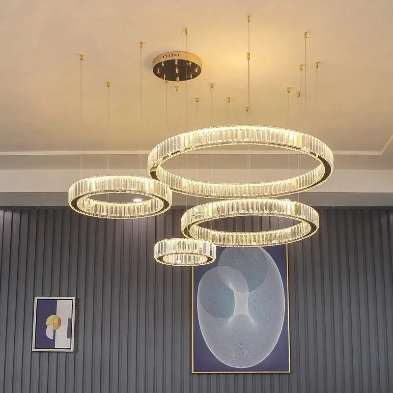 Modern gold crystal led chandelier rings for villa staircase