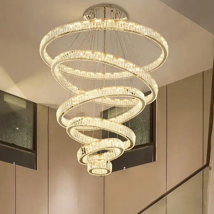 Modern gold crystal led chandelier rings for villa staircase
