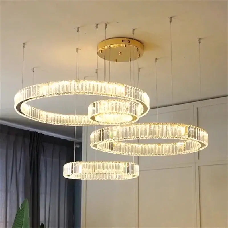 Modern gold crystal led chandelier rings for villa staircase