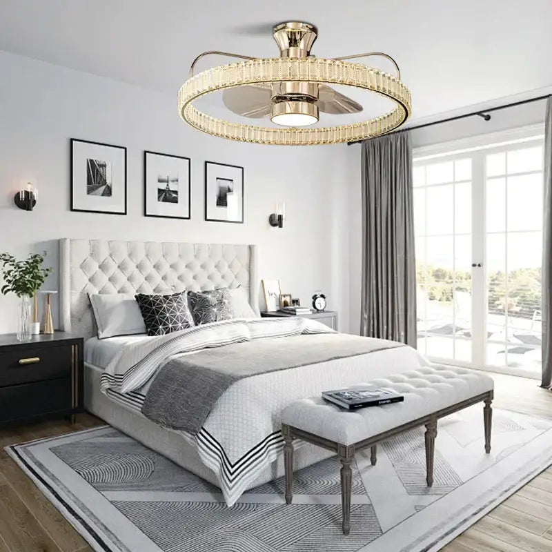 Modern gold crystal led fan light bedroom reversible blade