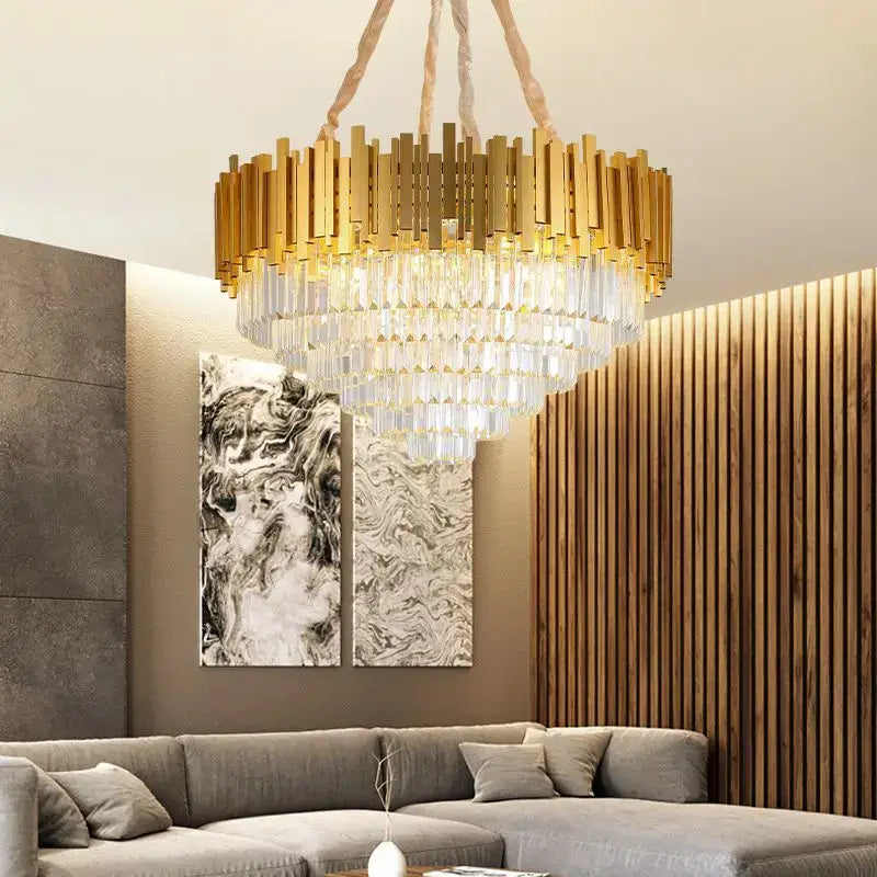 Modern gold crystal pendant chandelier dining room tiered droplets