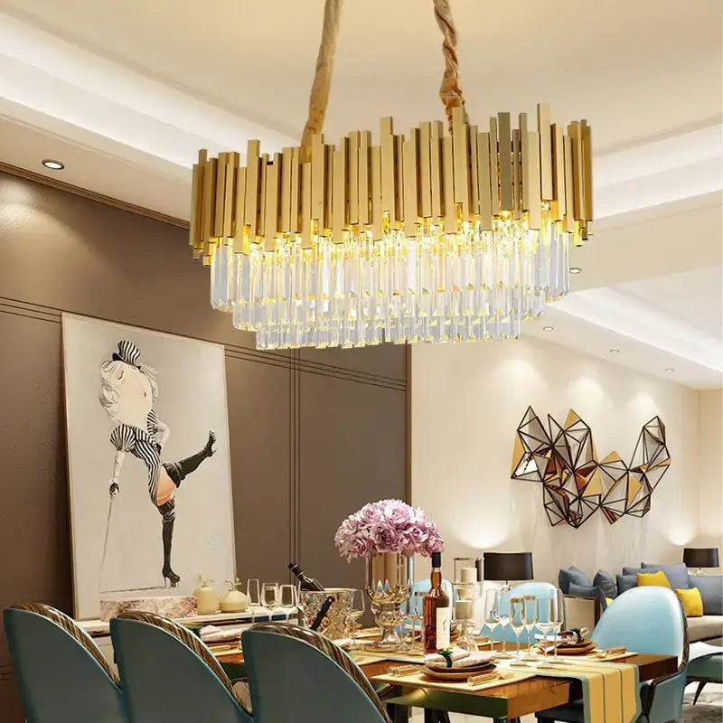 Modern gold crystal pendant chandelier dining room tiered droplets
