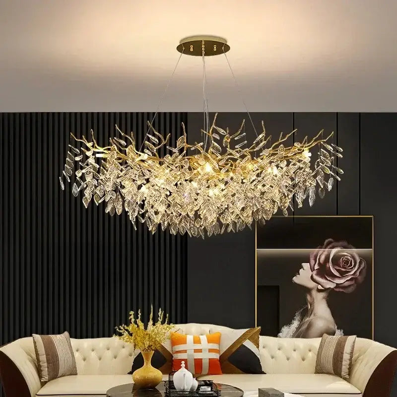 Modern gold crystal pendant chandelier living room luxury leaf light