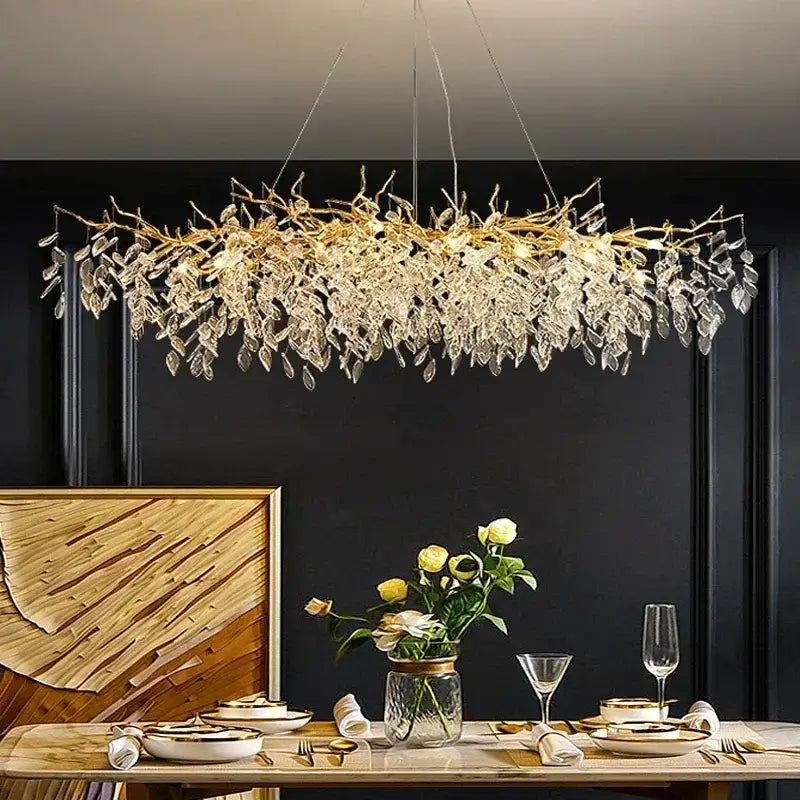 Modern gold crystal pendant chandelier living room luxury leaf light