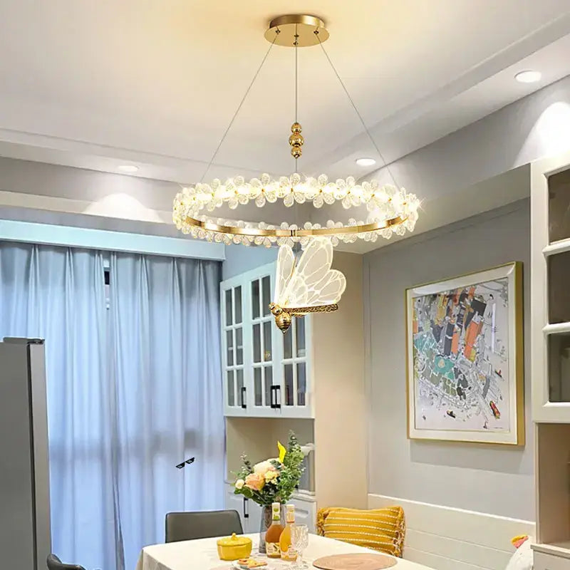 Modern gold crystal ring led chandelier dining room butterfly pendant
