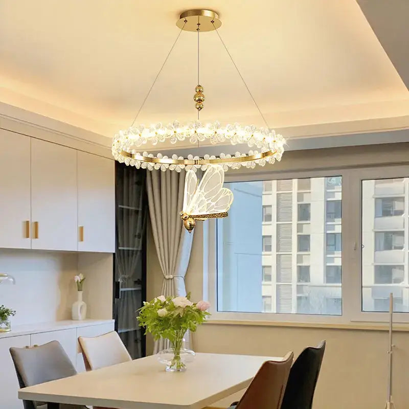 Modern gold crystal ring led chandelier dining room butterfly pendant