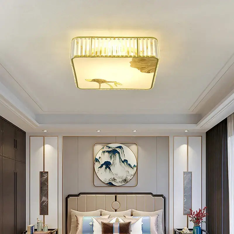 Modern gold crystal round ceiling light bedroom lotus decor
