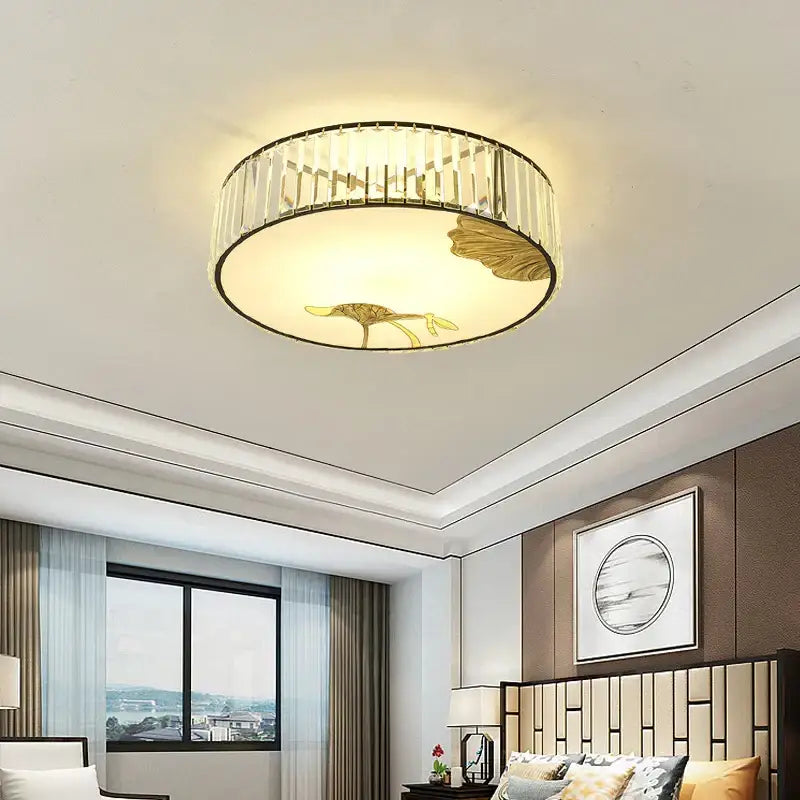 Modern gold crystal round ceiling light bedroom lotus decor