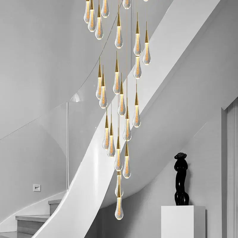 Modern gold crystal tear drop chandelier staircase pendant light