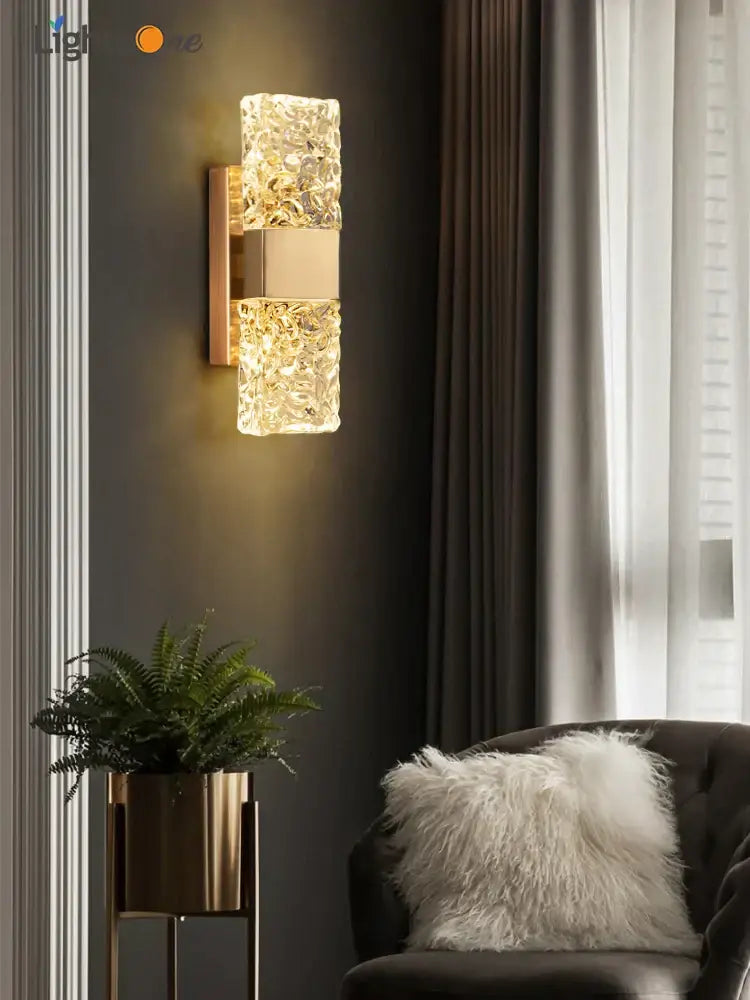 Modern gold crystal wall lamp living room textured glass sconce