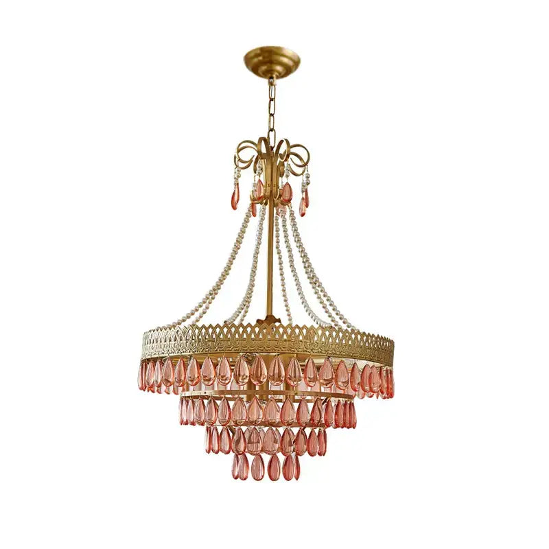 Modern gold crystal water drop chandelier foyer pink glass beads