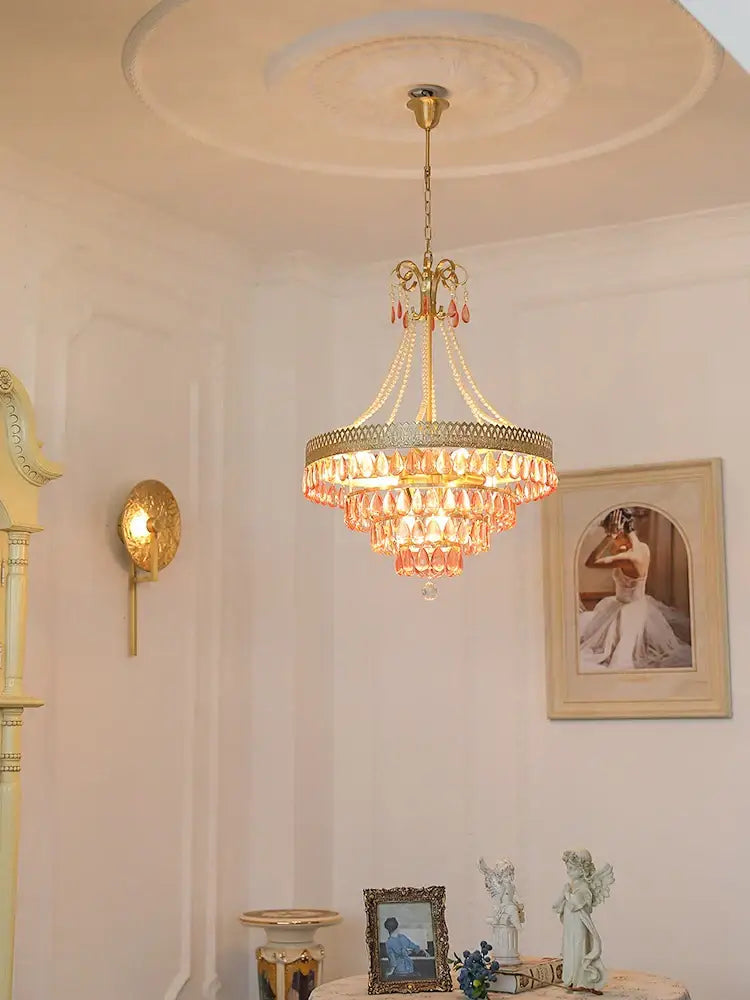 Modern gold crystal water drop chandelier foyer pink glass beads