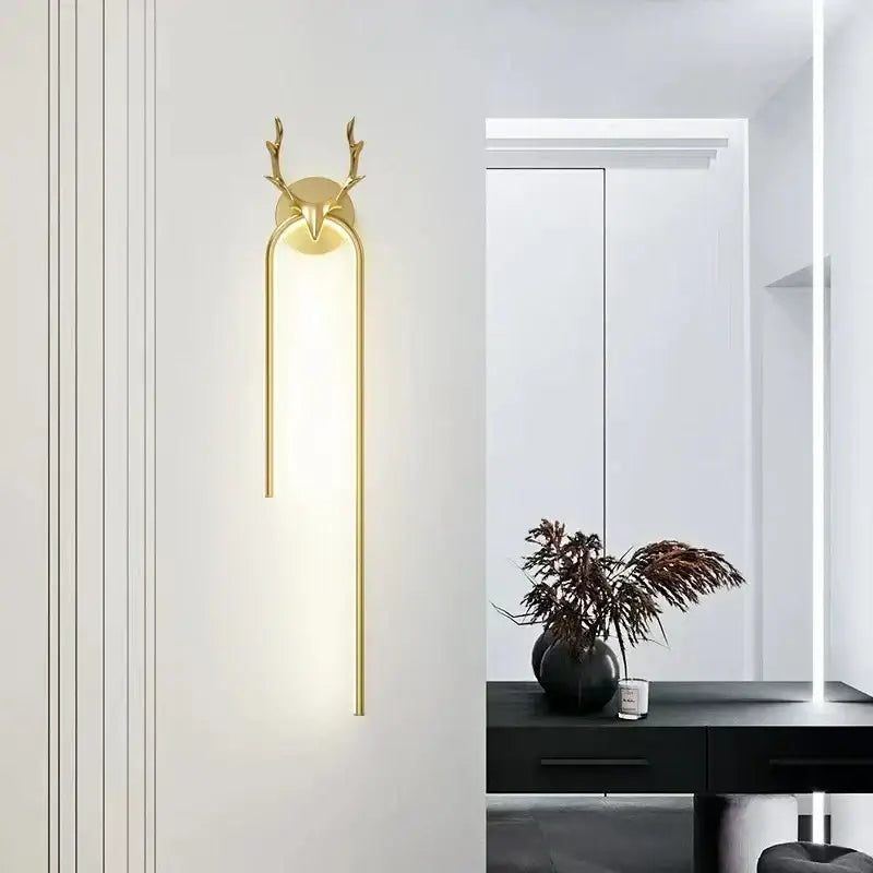 Modern gold deer head wall lamp bedroom arched led sconce