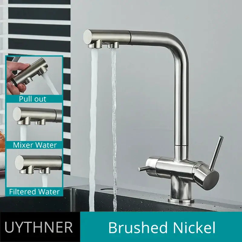Modern gold dual handle waterfilter kitchen faucet with pull out spray
