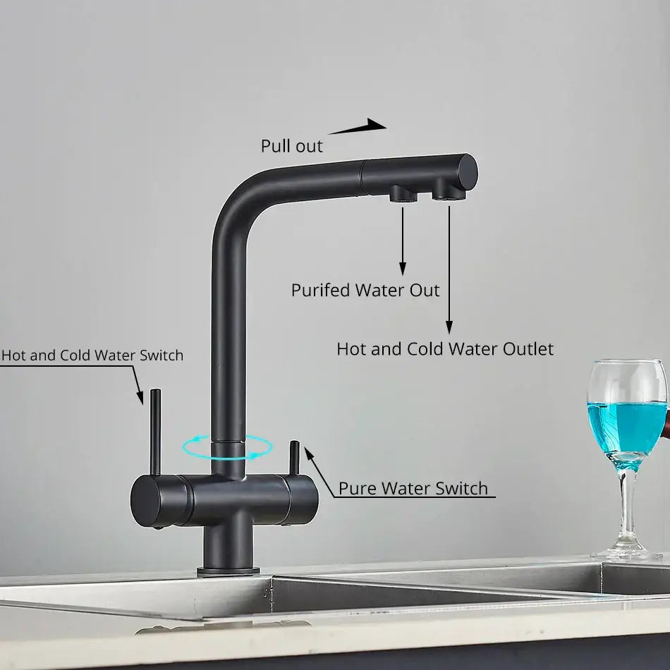 Modern gold dual handle waterfilter kitchen faucet with pull out spray