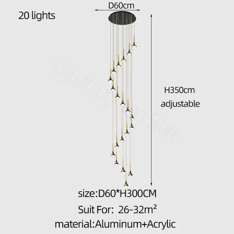 Modern gold elegant horn-shaped chandelier for staircase living room