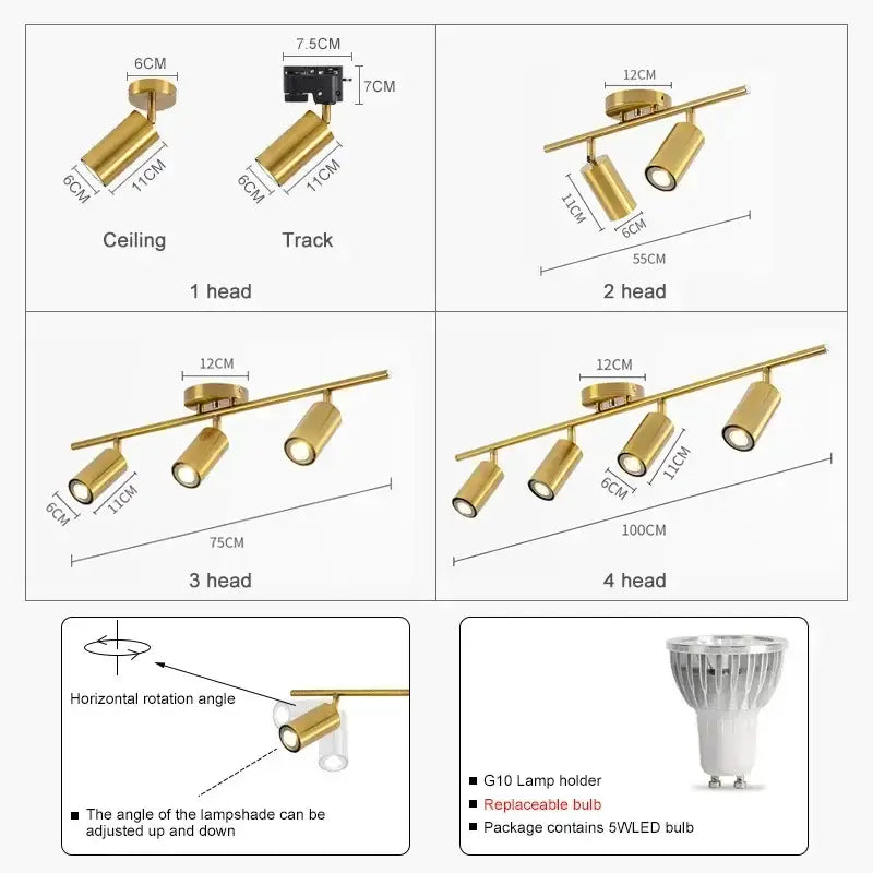 Modern gold four light adjustable led ceiling spotlight kitchen