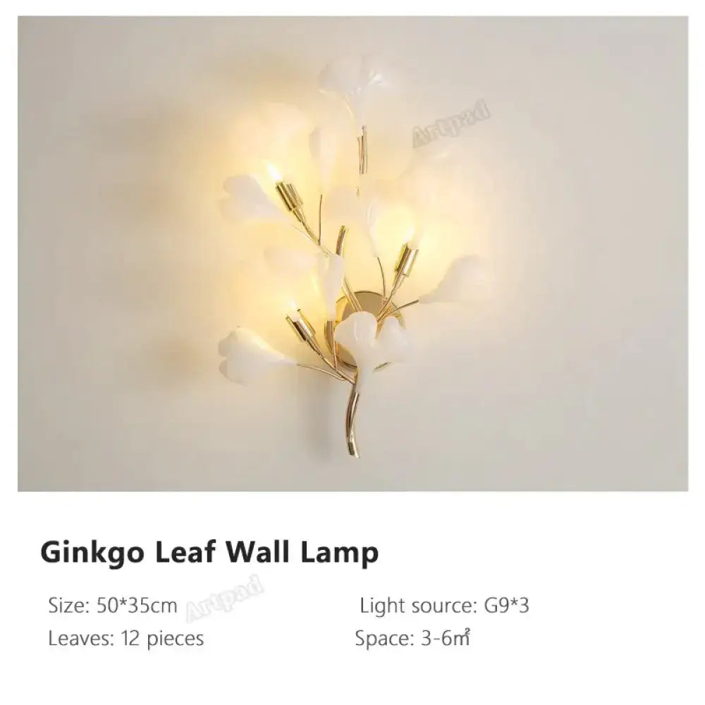 Modern gold ginkgo leaf porcelain wall sconce bedroom light