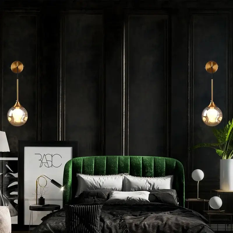 Modern gold glass ball wall lamp bedroom smoked sconce