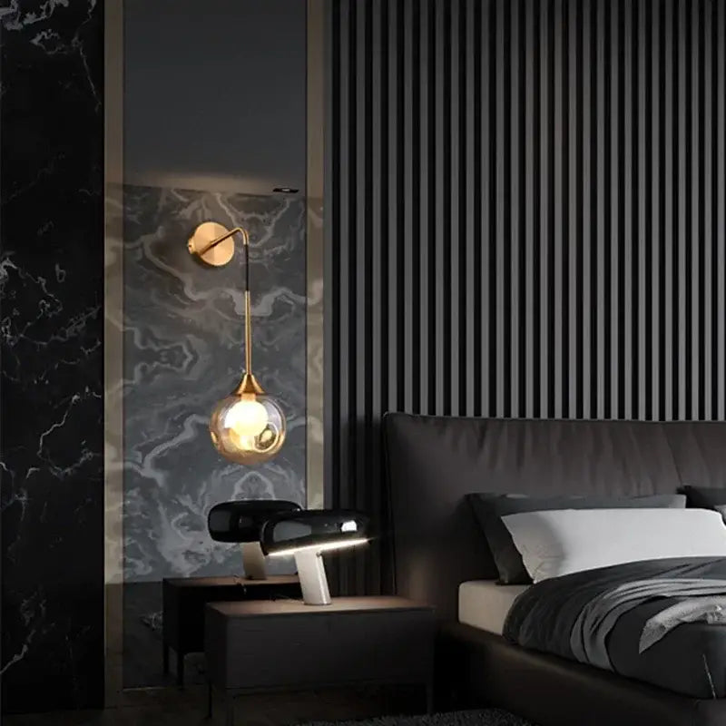 Modern gold glass ball wall lamp bedroom smoked sconce