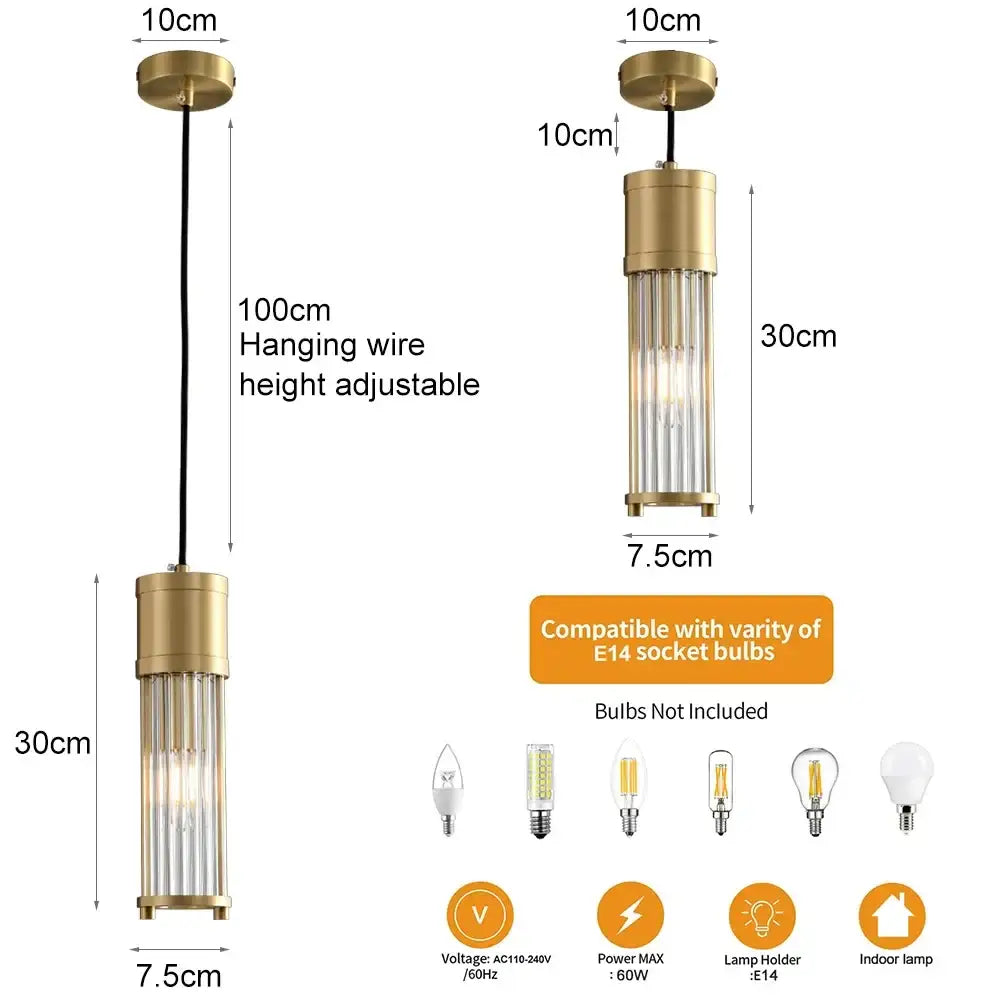 Modern gold glass shade pendant lights kitchen island cylindrical rods