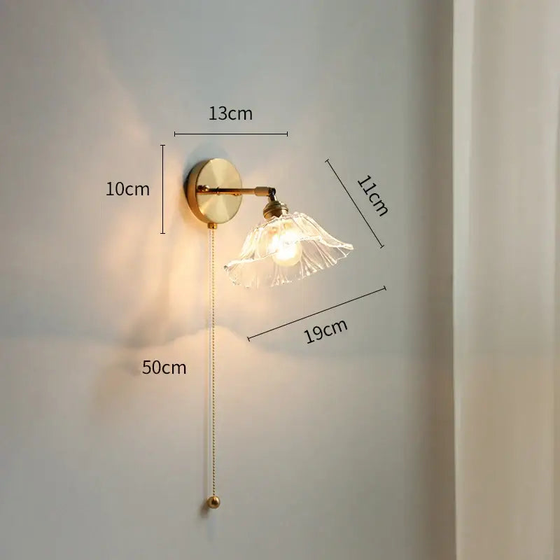 Modern gold glass shade wall light with bedroom pull chain