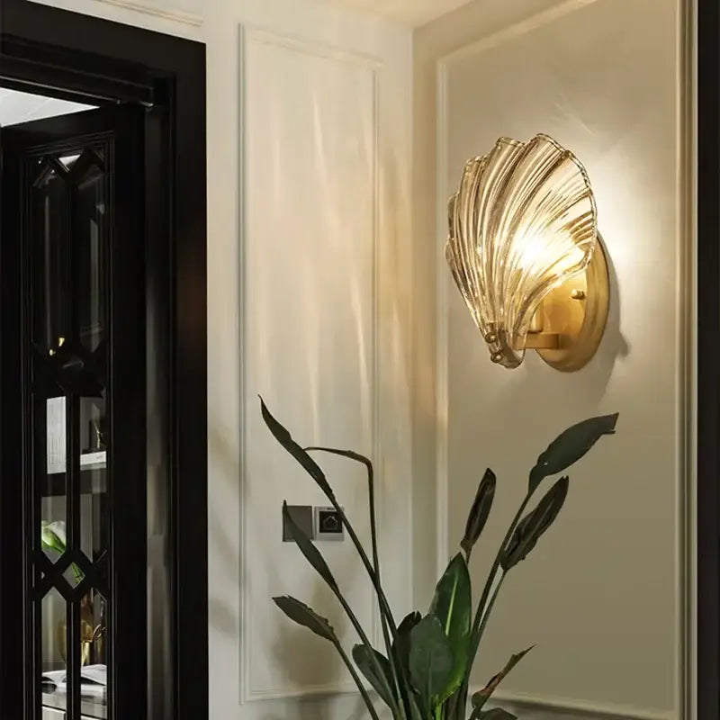 Modern gold glass shell led wall lamp bedroom sconce