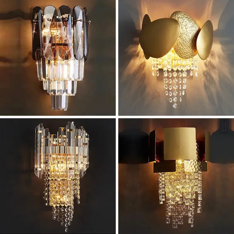 Modern gold leaf crystal wall lamp bedroom sconce lighting