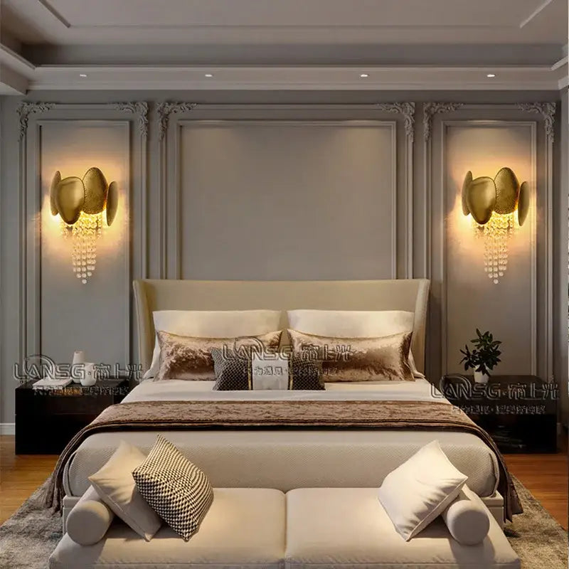 Modern gold leaf crystal wall lamp bedroom sconce lighting