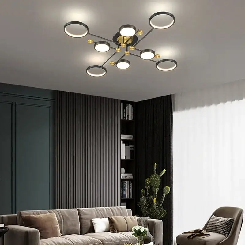 Modern gold led ceiling lamp black & gold 6 ring living room light