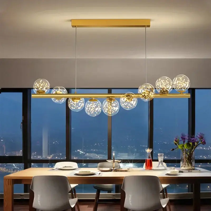 Modern gold led long chandelier dining room glass ball pendant light