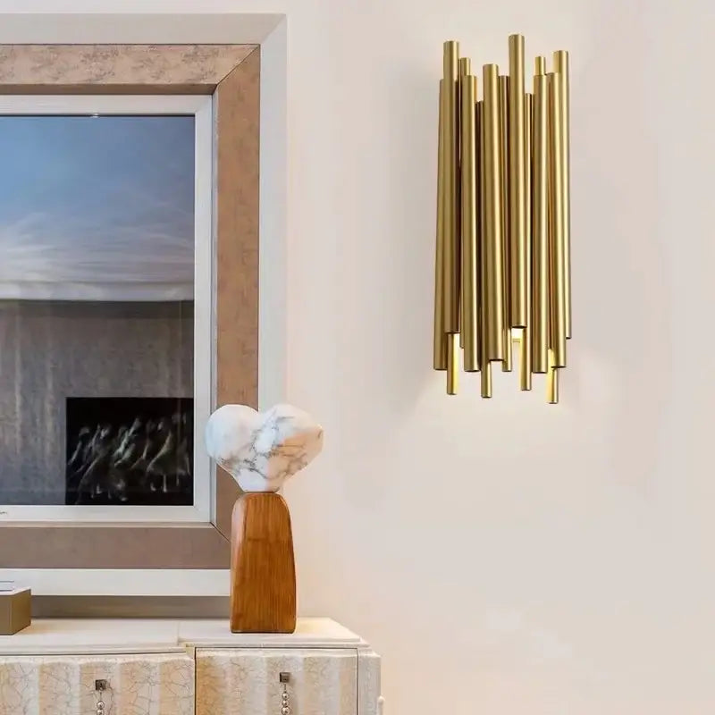 Modern gold led wall lamp for living room brass rod sconce