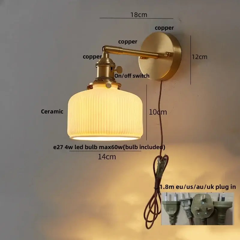 Modern gold led wall lights bedroom ribbed fabric reading lamp