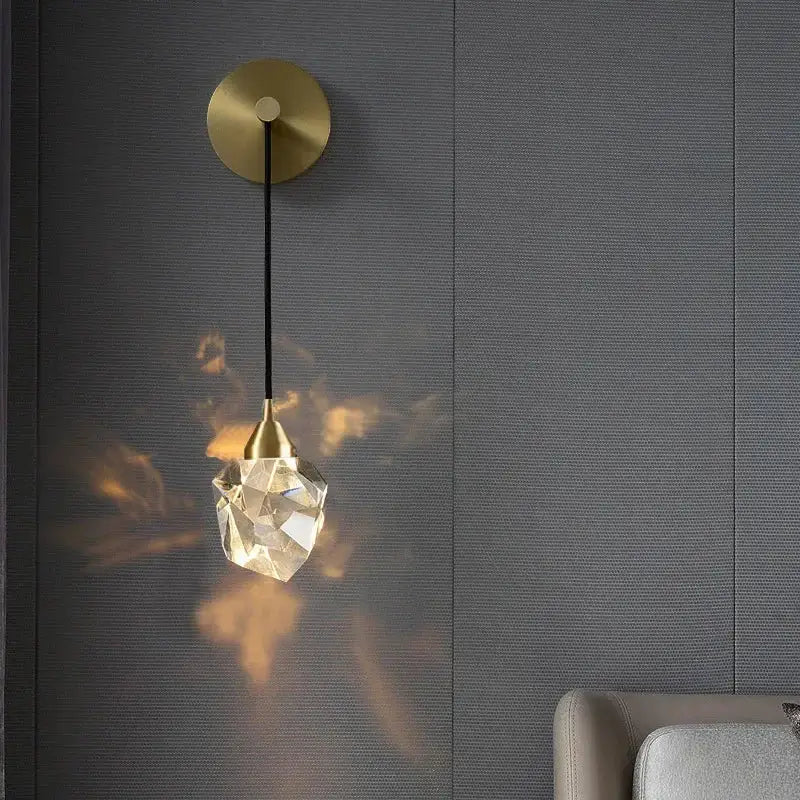 Modern gold led wall sconce with crystal pendant for living room