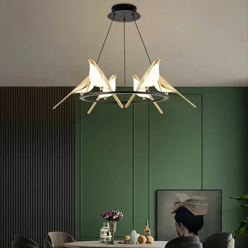 Modern gold magpie bird led chandelier dining room pendant light