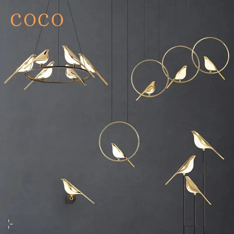 Modern gold magpie bird led ring chandelier dining room light
