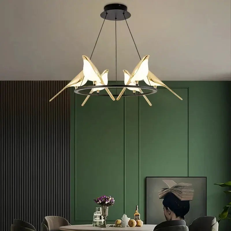 Modern gold magpie bird led ring chandelier dining room light