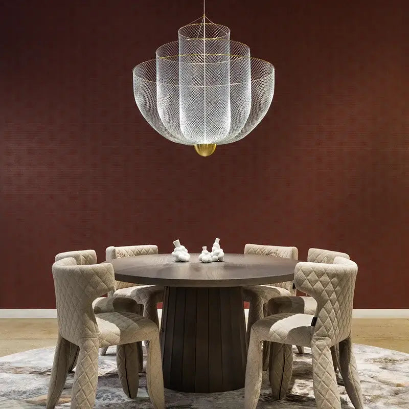 Modern gold mesh grid ceiling chandelier dining room led light