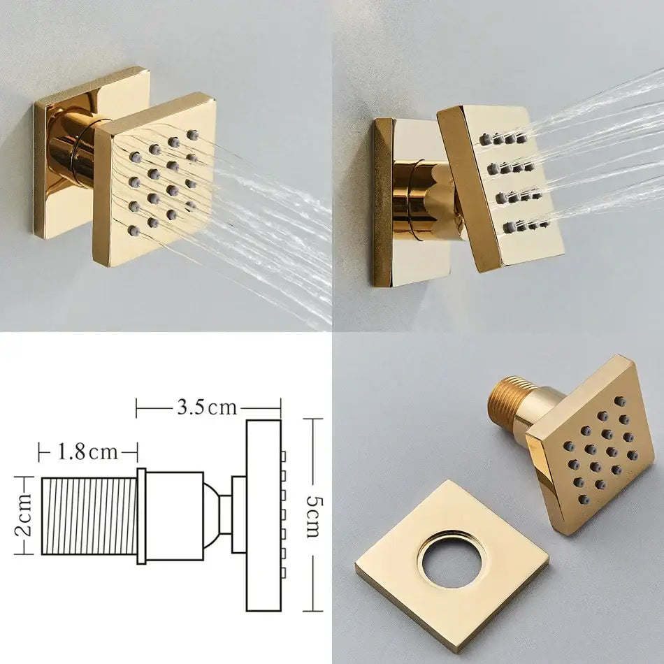 Modern gold rainfall shower head system with massage jets bathroom
