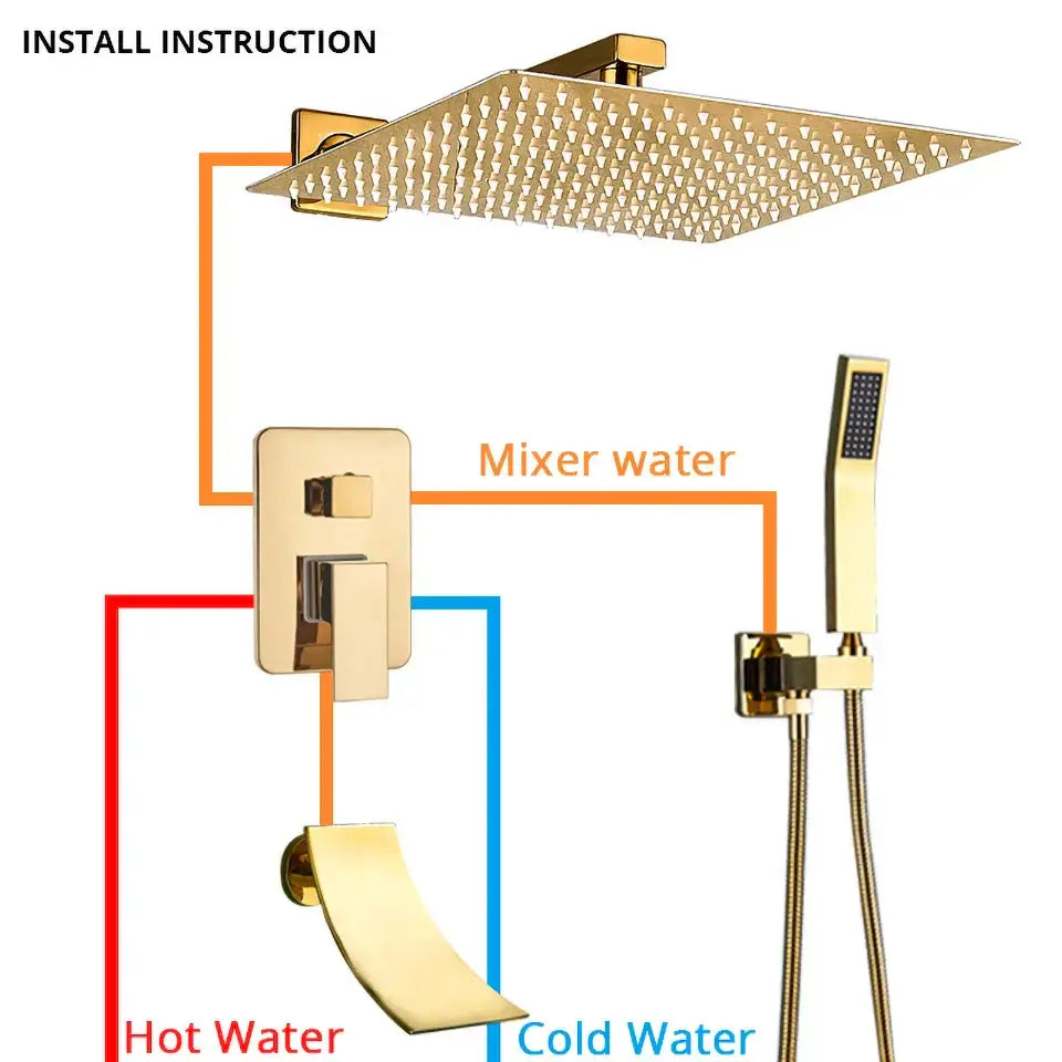 Modern gold rainfall shower system with handheld sprayer bathroom set