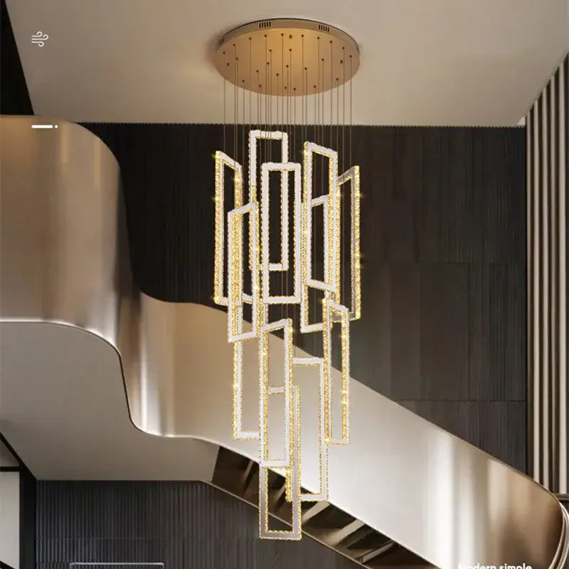 Modern gold rectangular crystal led pendant light for stairs