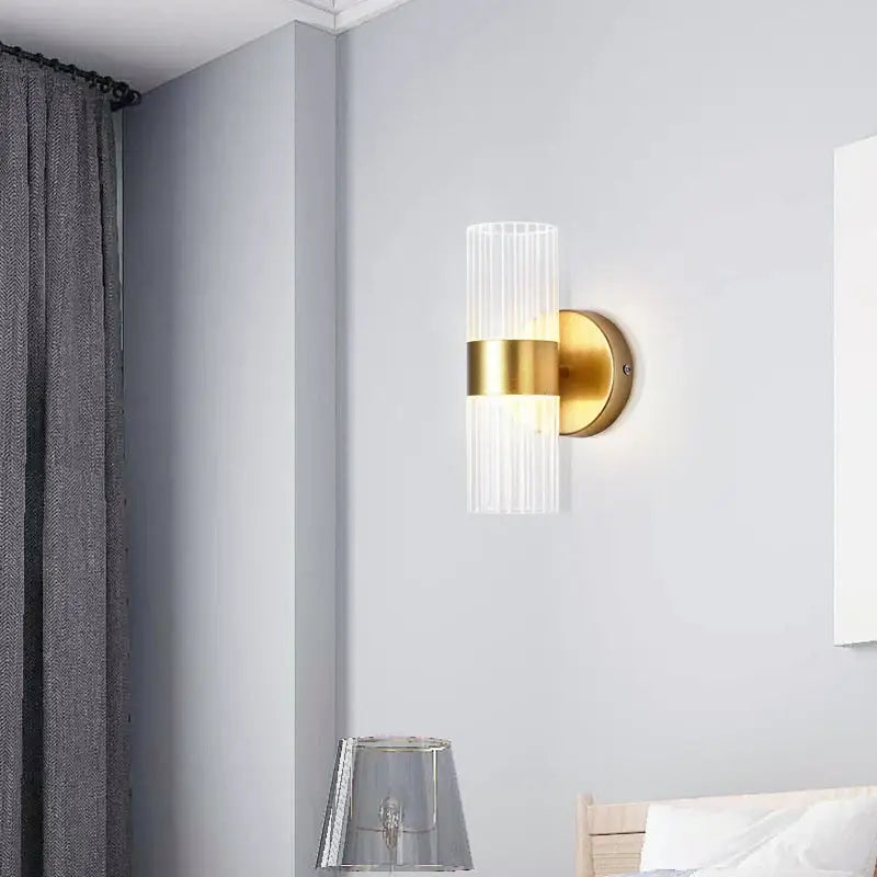 Modern gold ribbed glass shade wall lamp for bedroom bedside
