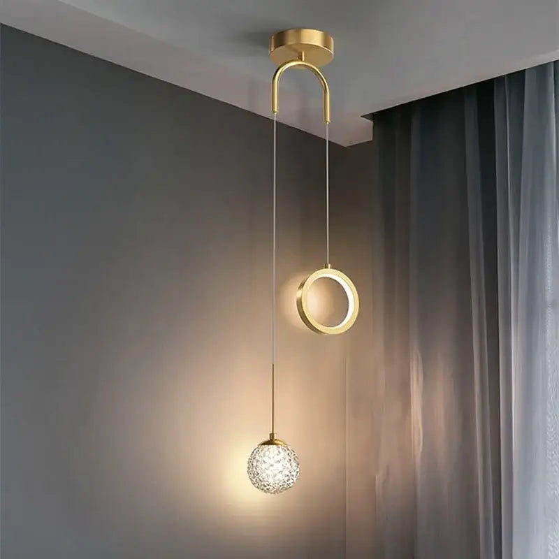 Modern gold ring led pendant light for living room with crystal globe