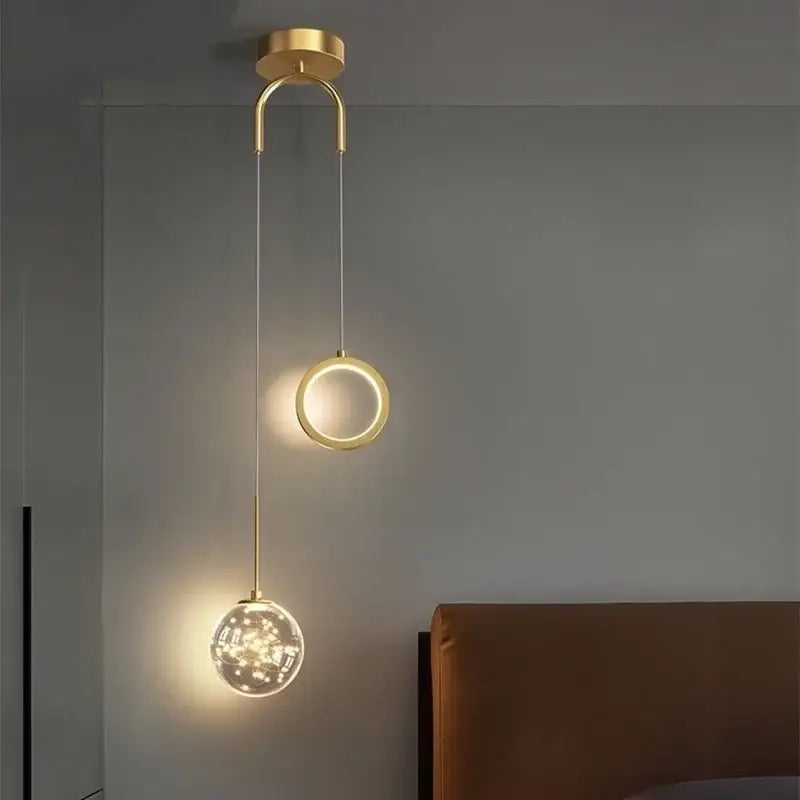 Modern gold ring led pendant light for living room with crystal globe