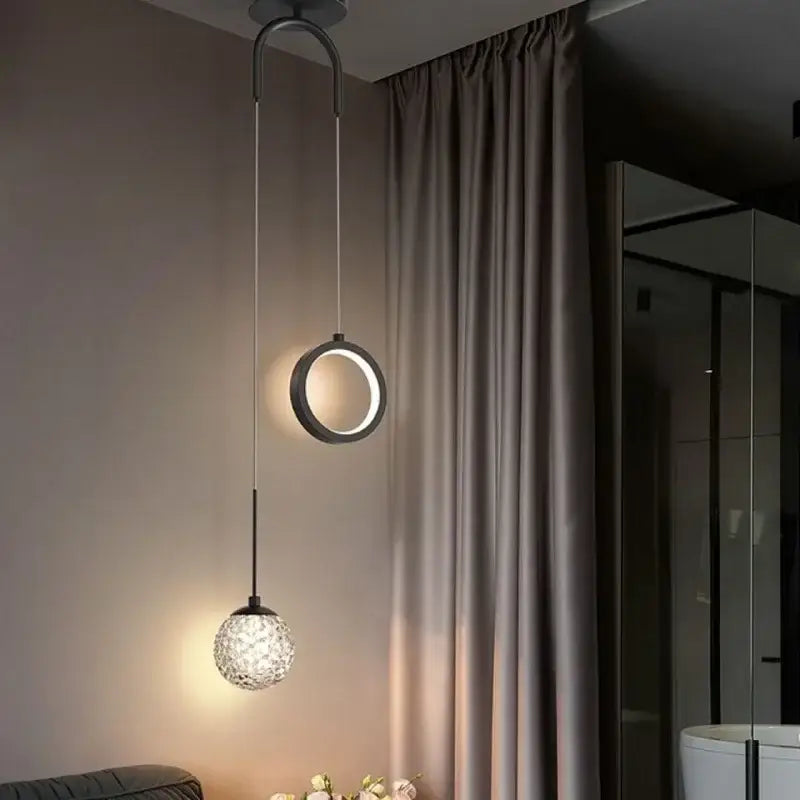 Modern gold ring led pendant light for living room with crystal globe