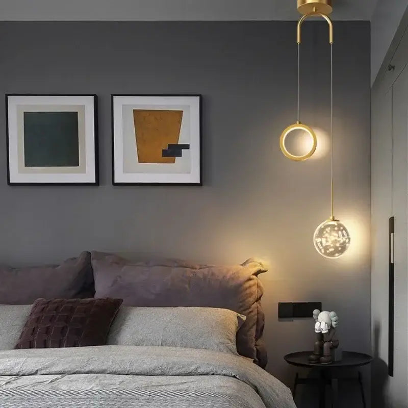 Modern gold ring led pendant light with crystal globe dining room